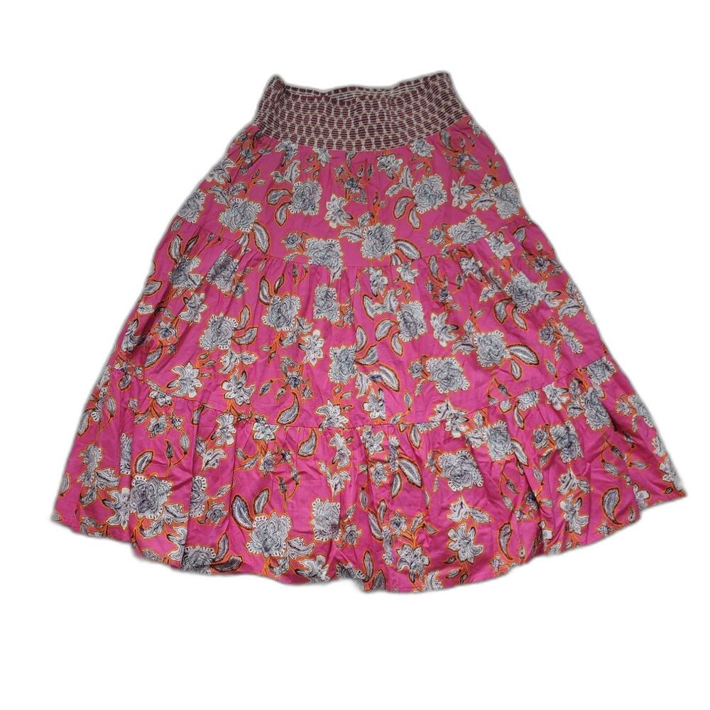 Boho Tiered Maxi Skirt Womens M Pink Floral Paisley Smocked Waist Peasant
